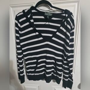 Lauren Ralph Lauren Women's Black and White V-Neck Sweater Shirtbwith Hood XL
